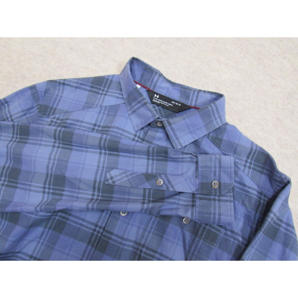 Under Armour Mens Blue Plaid Long Sleeve Button Down Fitted Shirt Large LG